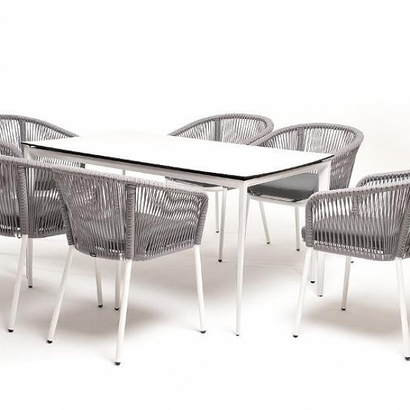Обеденная группа Малага 4SIS на 6 персон со стульями "Марсель", каркас белый, роуп светло-серый фото 6