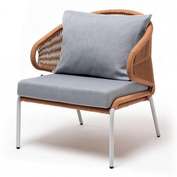 Кресло плетеное Милан 4SIS из роупа, каркас алюминий светло-серый (RAL7035) шагрень, роуп оранжевый меланж круглый, ткань светло-серая фото 1