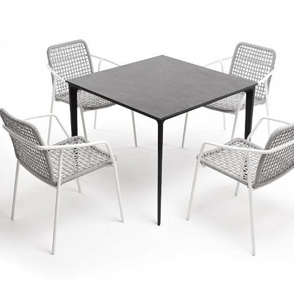 Обеденная группа Малага 4SIS на 4 персоны со стульями "Тунис", каркас белый, роуп светло-серый фото 5
