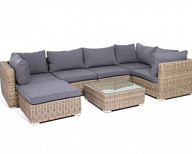 Модуль диванный угловой Лунго 4SIS из искусственного ротанга, цвет соломенный с подушками