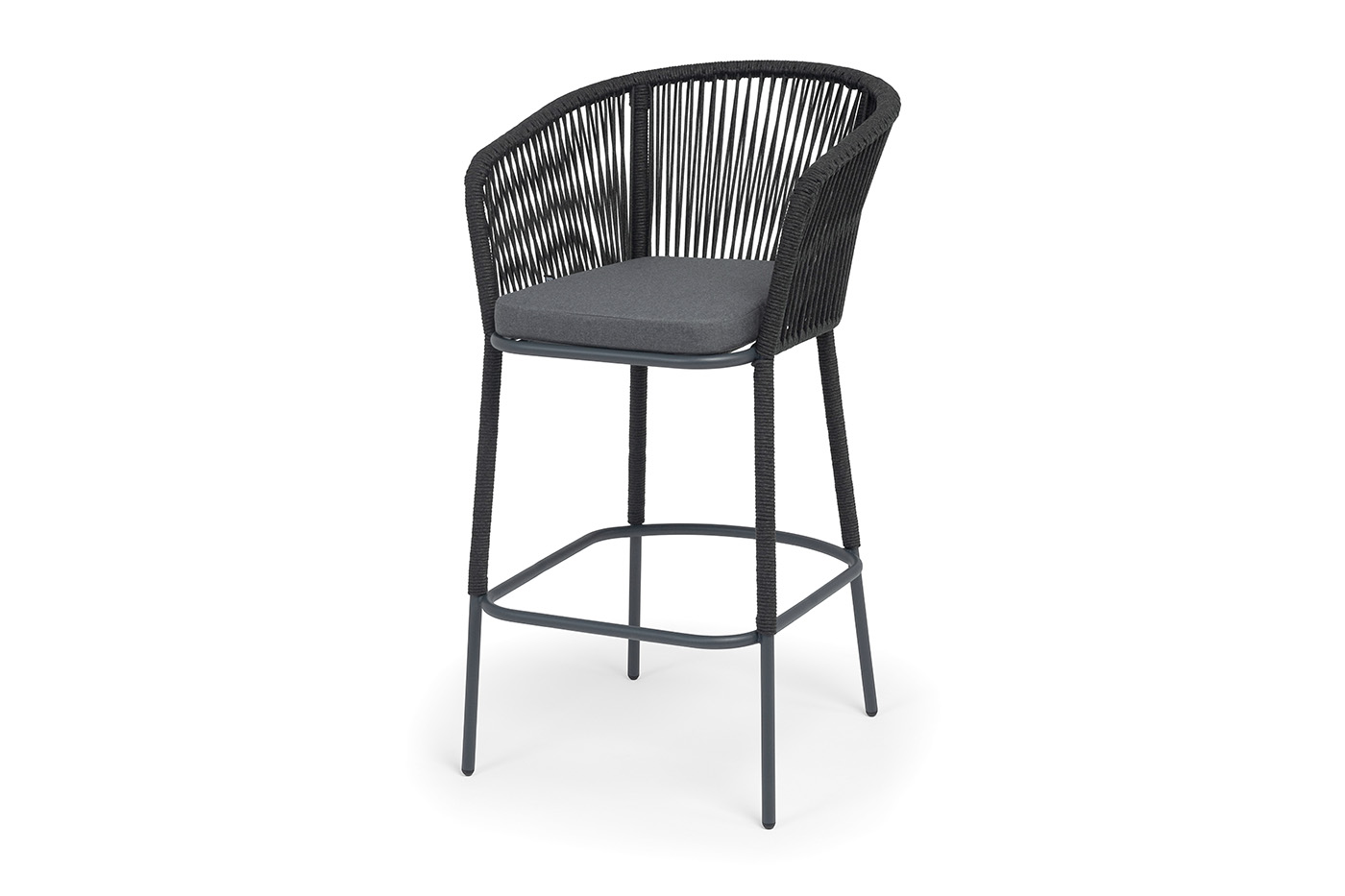 Марсель стул барный плетеный из роупа, каркас из стали темно-серый (RAL7024) муар, роуп темно-серый круглый, ткань темно-серая 027 NEW фото 1