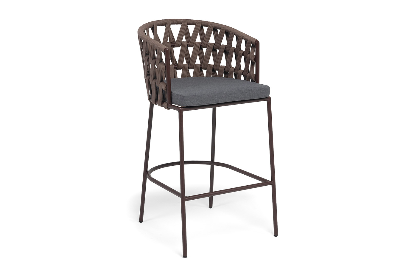 Диего стул барный плетеный из роупа, каркас из стали коричневый (RAL8016) муар, роуп коричневый круглый, ткань темно-серая 027 фото 2