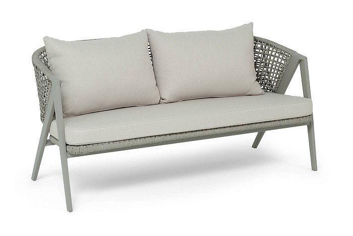 Диван Амстердам 4SIS 2-местный плетеный из роупа, каркас алюминий, роуп серый круглый, ткань бежевая фото 2