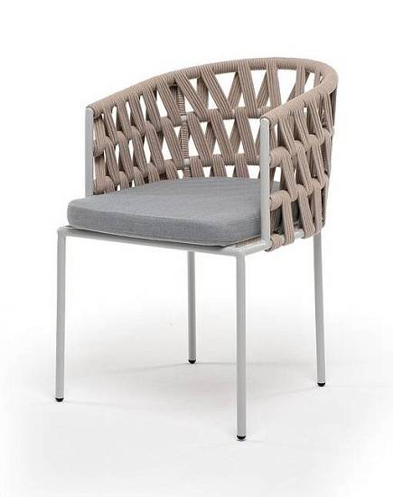 Стул Диего 4SIS плетеный из роупа, каркас из стали светло-серый (RAL7035) муар, роуп бежевый круглый, ткань светло-серая фото 1