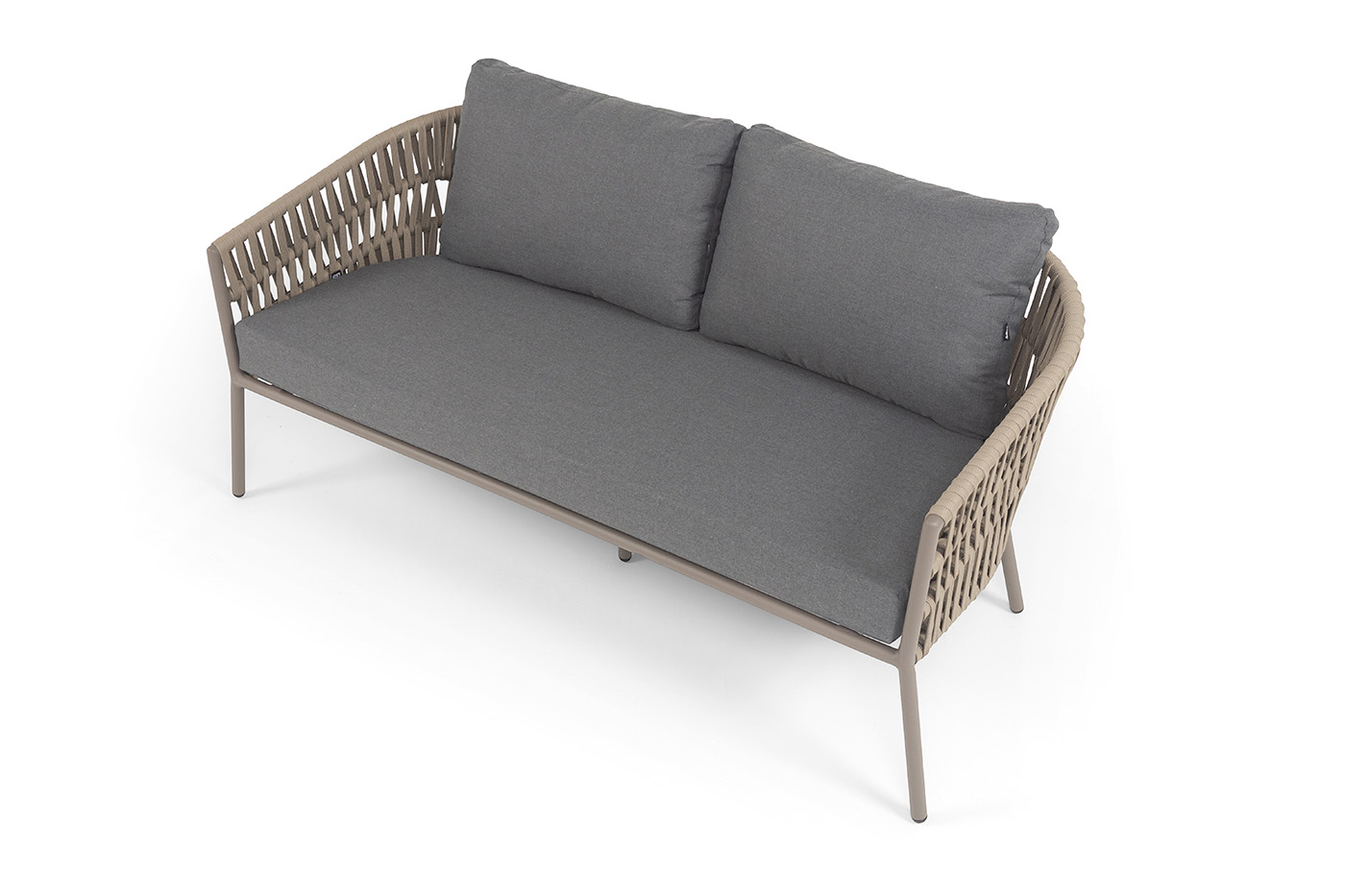 Комо диван 2-местный плетеный из роупа, каркас алюминий бежево-серый (RAL7006) муар, роуп серо-коричневый 23мм, ткань темно-серая 027 фото 4