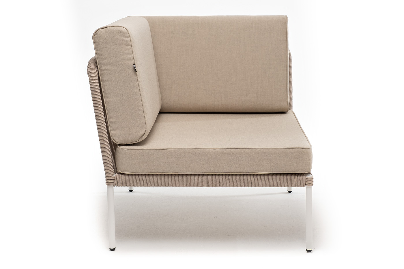 Канны угловой модуль плетеный из роупа, каркас алюминий белый муар, роуп бежевый круглый, ткань бежевая 15052 фото 2