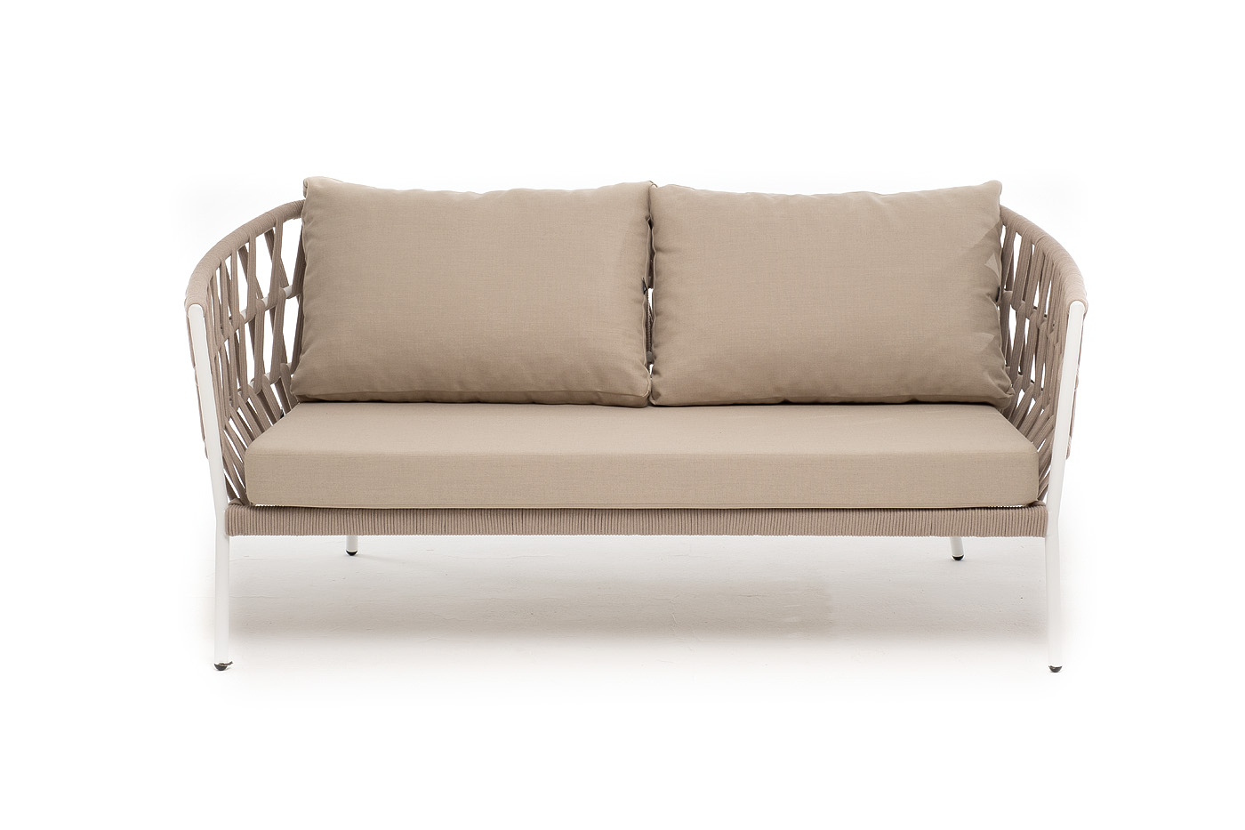 Диего диван 2-местный плетеный из роупа, каркас алюминий белый муар, роуп бежевый круглый, ткань бежевая 052 фото 2