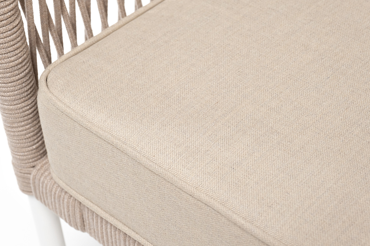 Канны кресло плетеное из роупа, каркас алюминий белый, муар, роуп бежевый круглый, ткань бежевая 035 фото 7