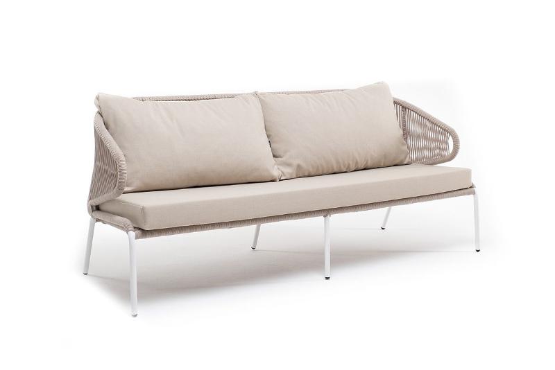 Диван трехместный Милан 4SIS из роупа (веревки), каркас алюминий белый, роуп бежевый круглый, ткань бежевая фото 2