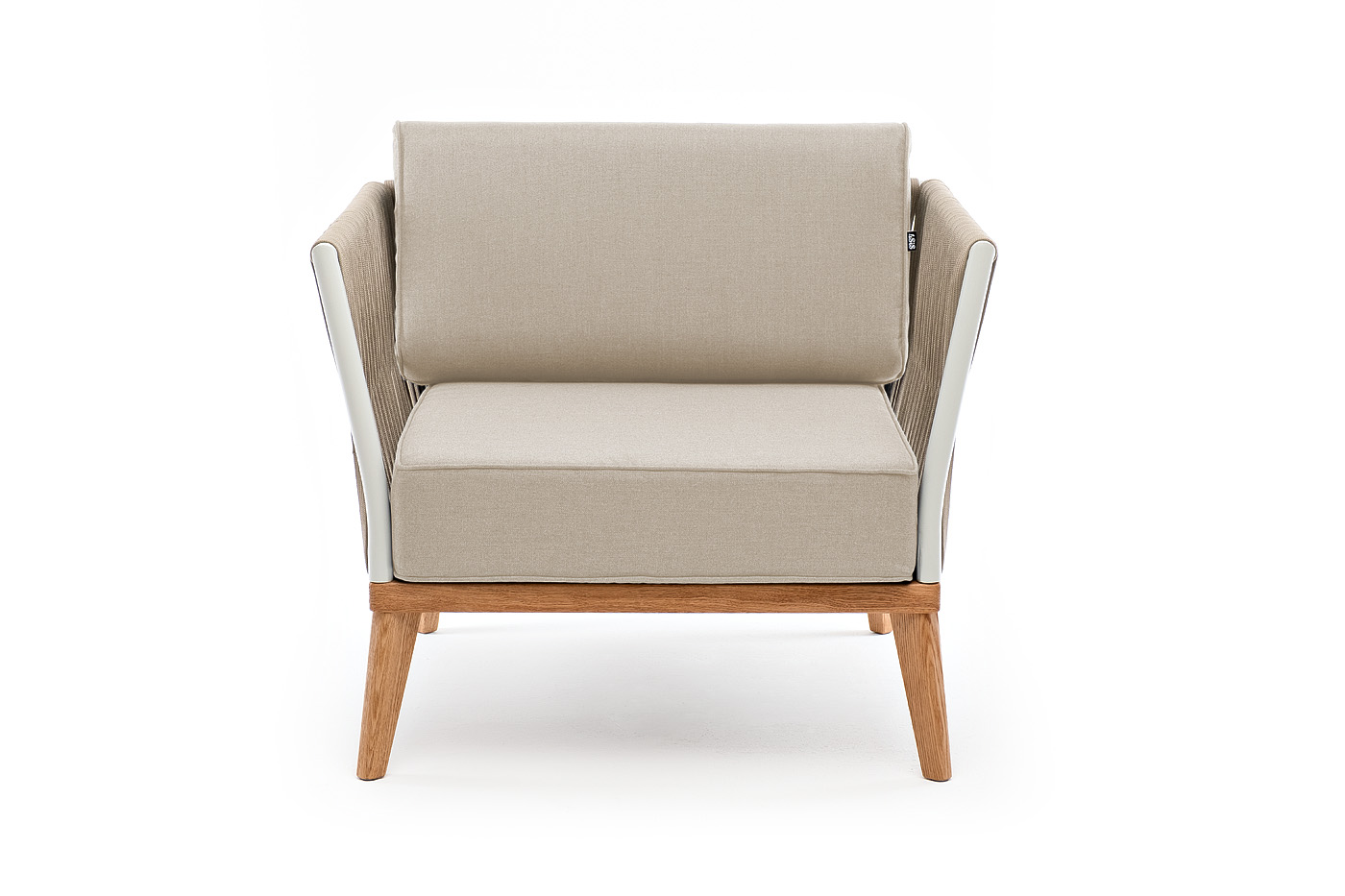 Касабланка кресло плетеное из роупа, основание дуб, каркас алюминий светло-серый (RAL7035) муар, роуп серо-коричневый 23мм, ткань бежевая 15052 фото 2