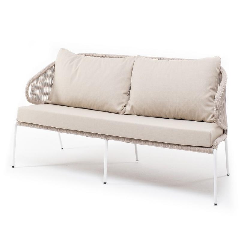Диван двухместный Милан 4SIS из роупа (веревки), каркас алюминий белый, роуп бежевый круглый, ткань бежевая фото 1