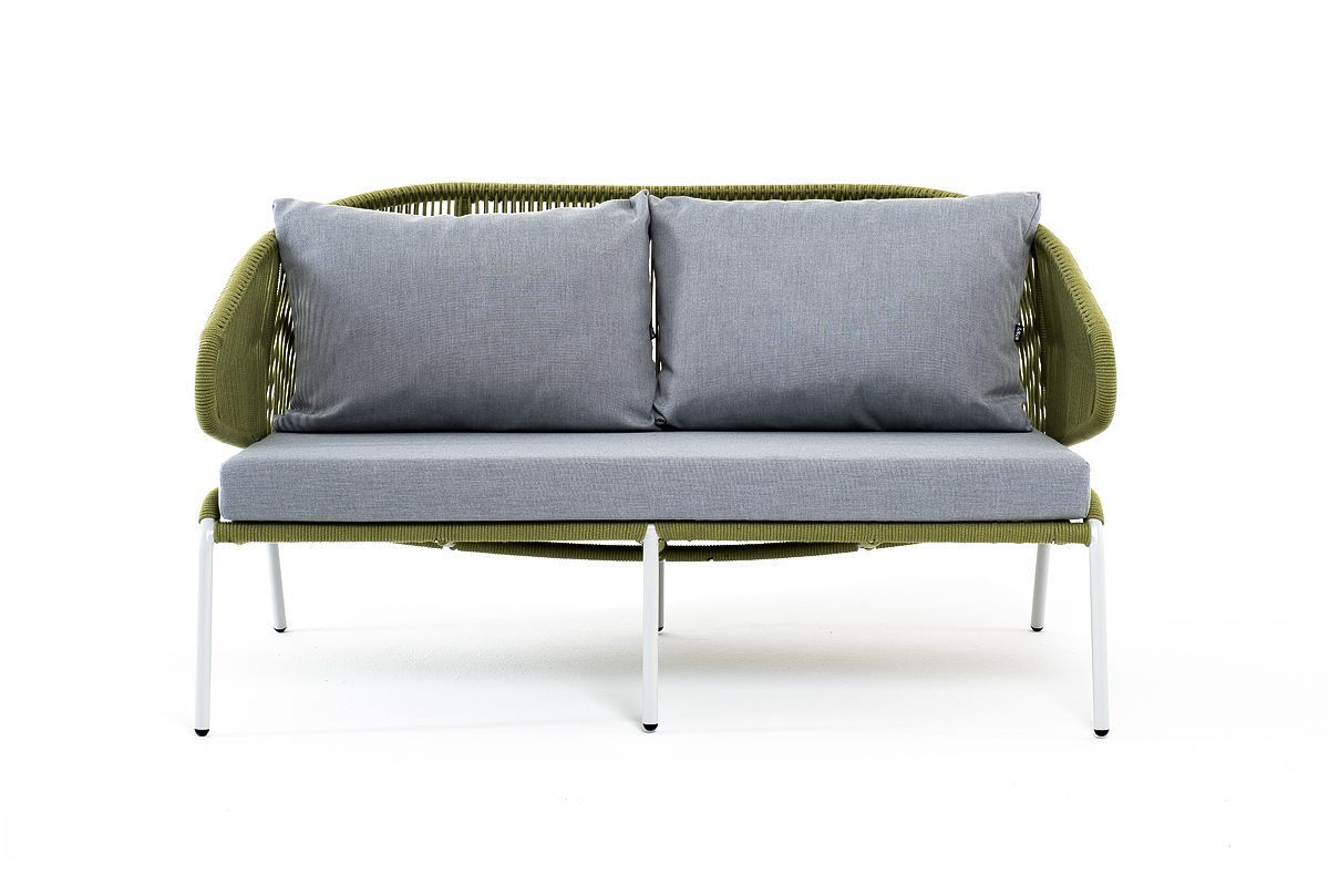 Диван двухместный Милан 4SIS из роупа (веревки), каркас алюминий светло-серый (RAL7035) шагрень, роуп салатовый меланж круглый, ткань светло-серая фото 2