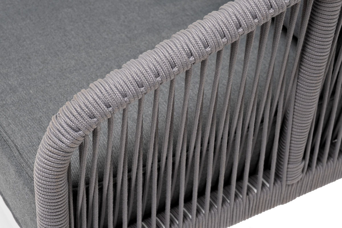 Канны диван 3-местный плетеный из роупа, каркас алюминий белый муар, роуп светло-серый круглый, ткань темно-серая 027 фото 4