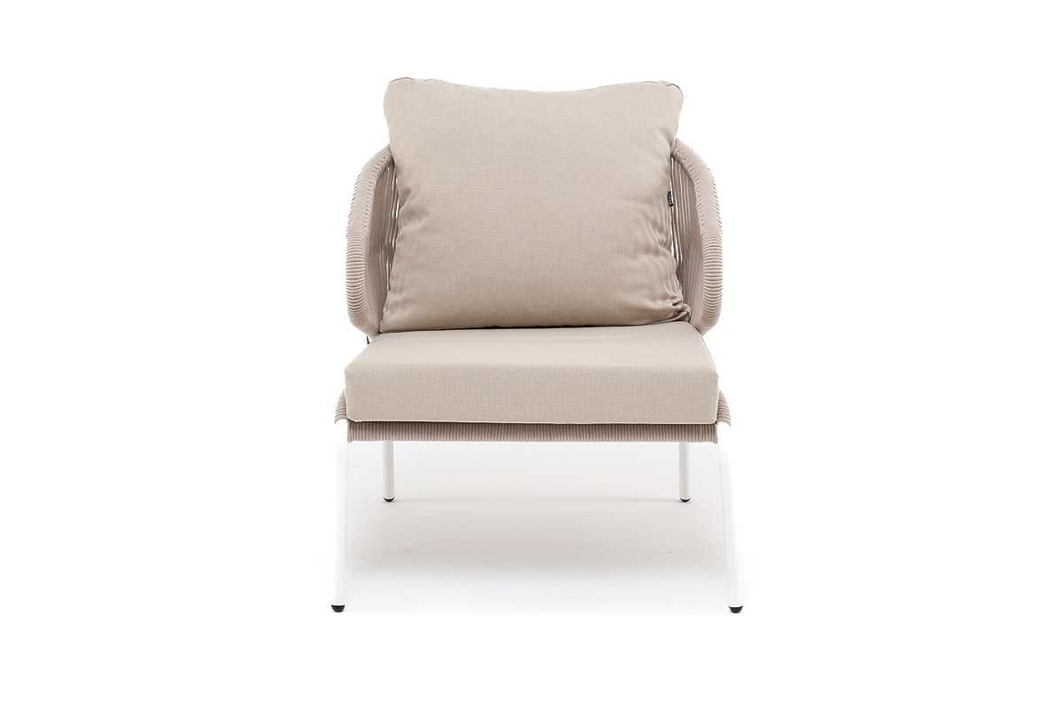 Милан кресло плетеное из роупа, каркас алюминий белый муар, роуп бежевый круглый, ткань бежевая 15052 фото 3