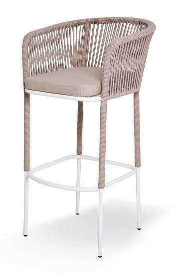 Стул Марсель 4SIS барный плетеный из роупа, каркас из стали светло-серый (RAL7035) муар, роуп светло-серый круглый, ткань светло-серая фото 1