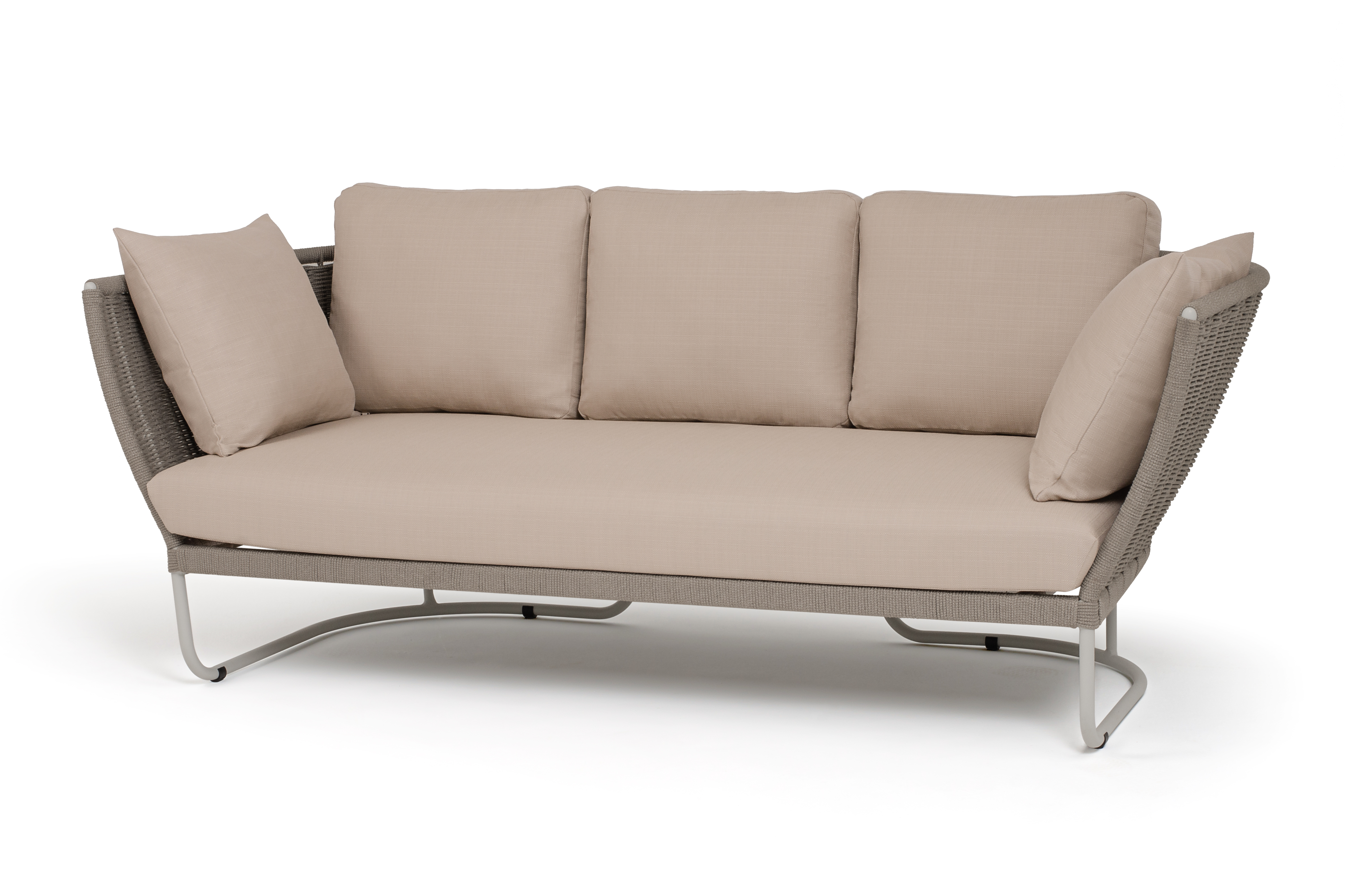 Фиджи диван 3-местный плетеный из роупа, каркас алюминий светло-серый (RAL7035) муар, роуп серый меланж круглый, ткань Mossle бежевая фото 1