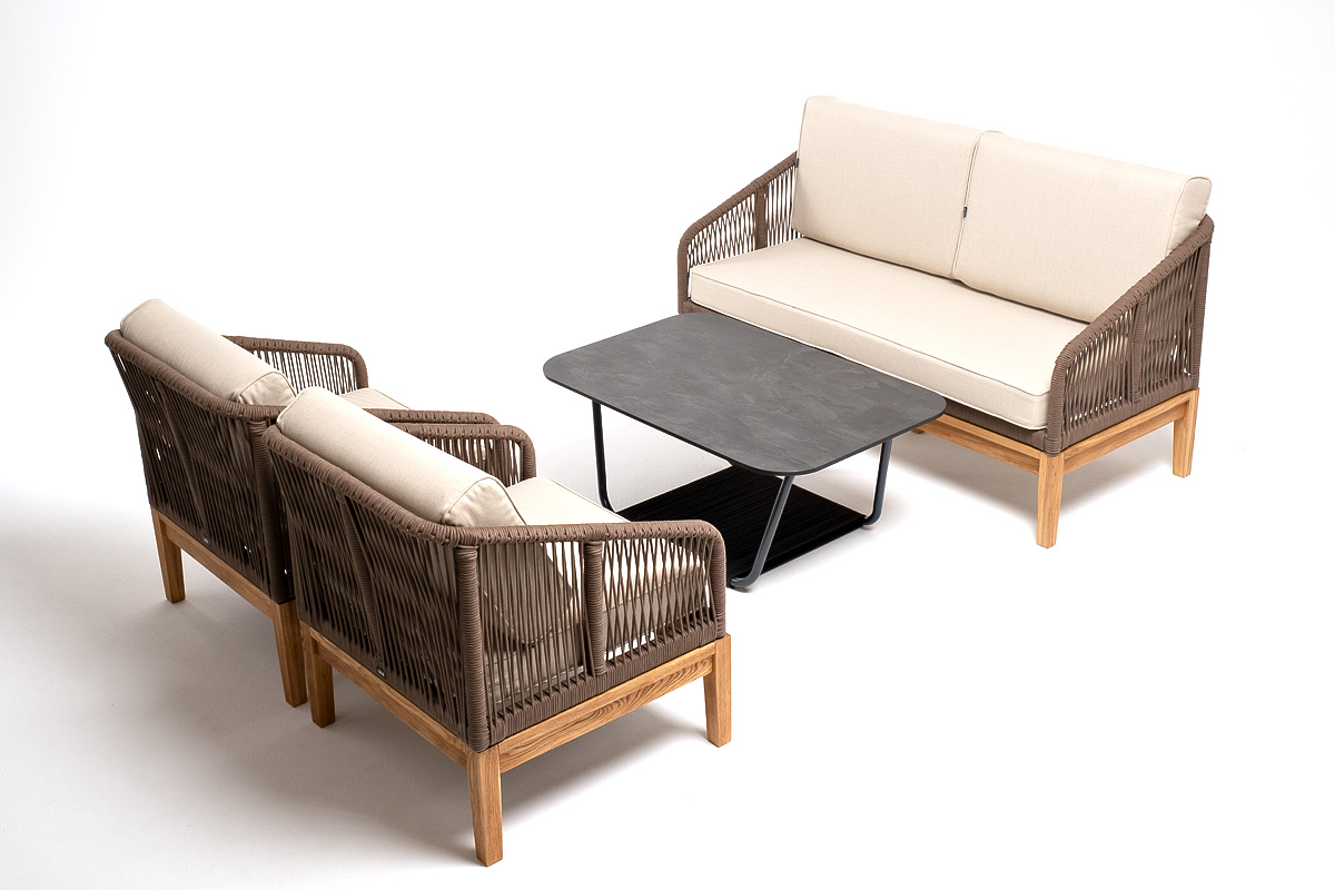 Канны лаунж-зона 4-местная из роупа со столом Гранада (серый гранит), основание дуб, роуп коричневый, ткань бежевая фото 5