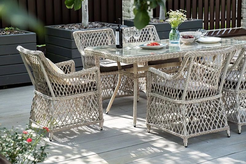 Плетеная обеденная группа Латте-160 L 4SIS из искусственного ротанга, цвет бежевый фото 7