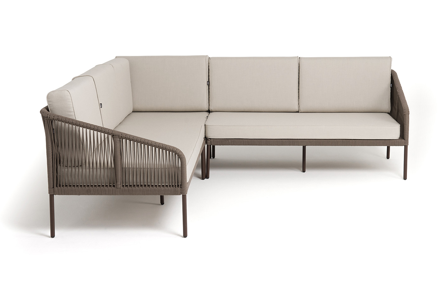 Канны диван модульный плетеный из роупа, каркас алюминий коричневый (RAL8016) муар, роуп коричневый круглый, ткань бежевая 15052 фото 1