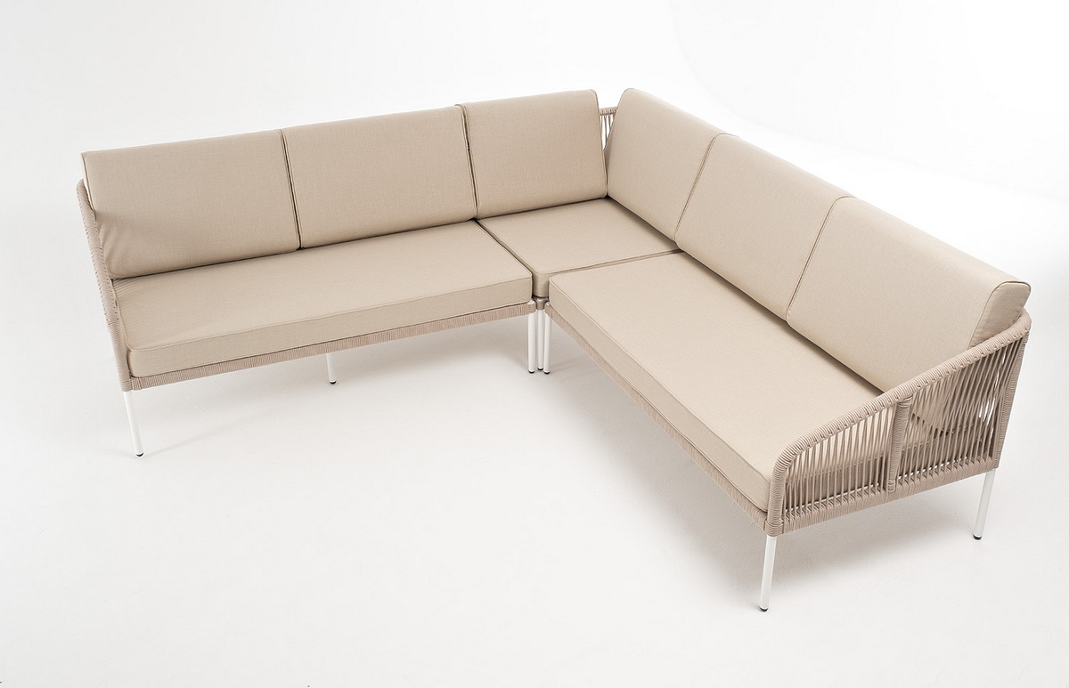 Канны диван модульный плетеный из роупа, каркас алюминий белый, роуп бежевый круглый, ткань бежевая 035 фото 3