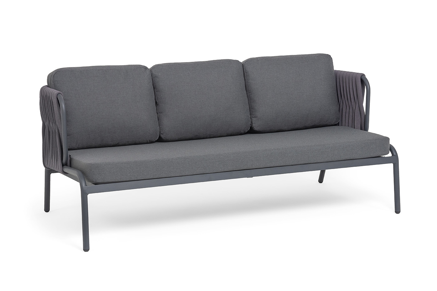 Ронда диван 3-местный плетеный из роупа, каркас алюминий темно-серый (RAL7024) муар, роуп серый 40 мм tex, ткань темно-серая 027 фото 2