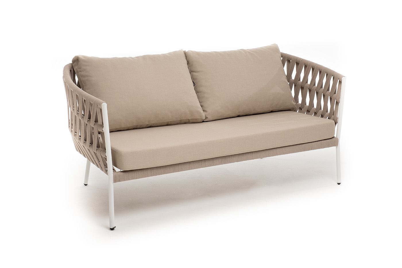 Диего диван 2-местный плетеный из роупа, каркас алюминий белый муар, роуп бежевый круглый, ткань бежевая 052 фото 3