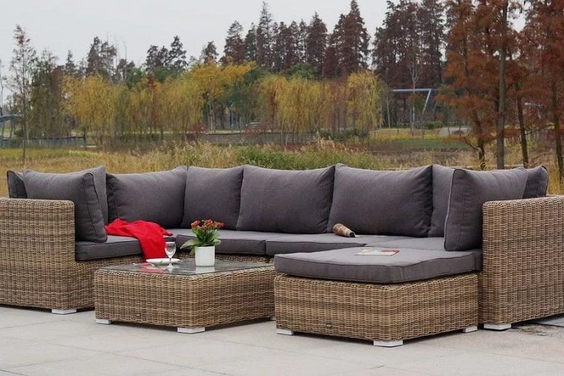 Модуль диванный угловой Лунго 4SIS из искусственного ротанга, цвет соломенный с подушками фото 5