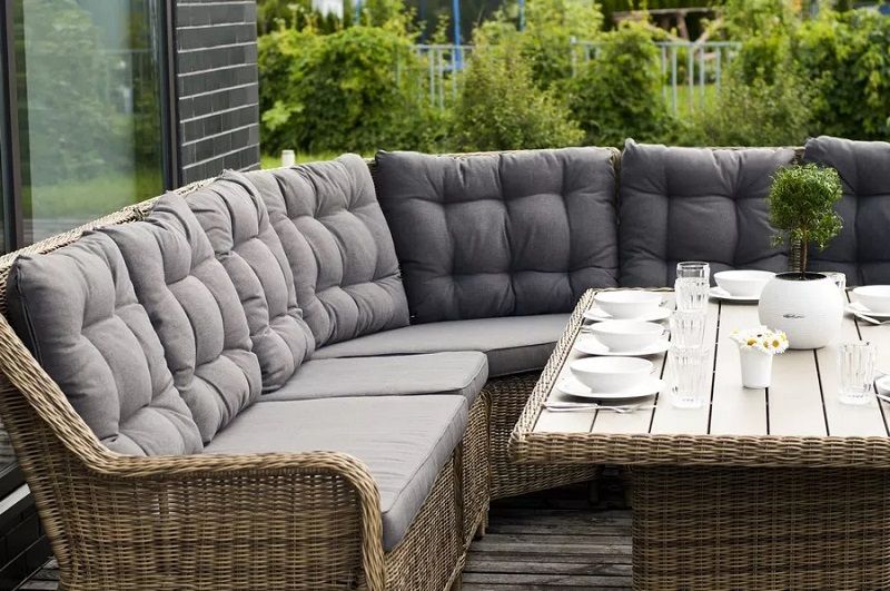 Модуль диванный угловой Бергамо 4SIS из искусственного ротанга, цвет соломенный с подушками фото 4