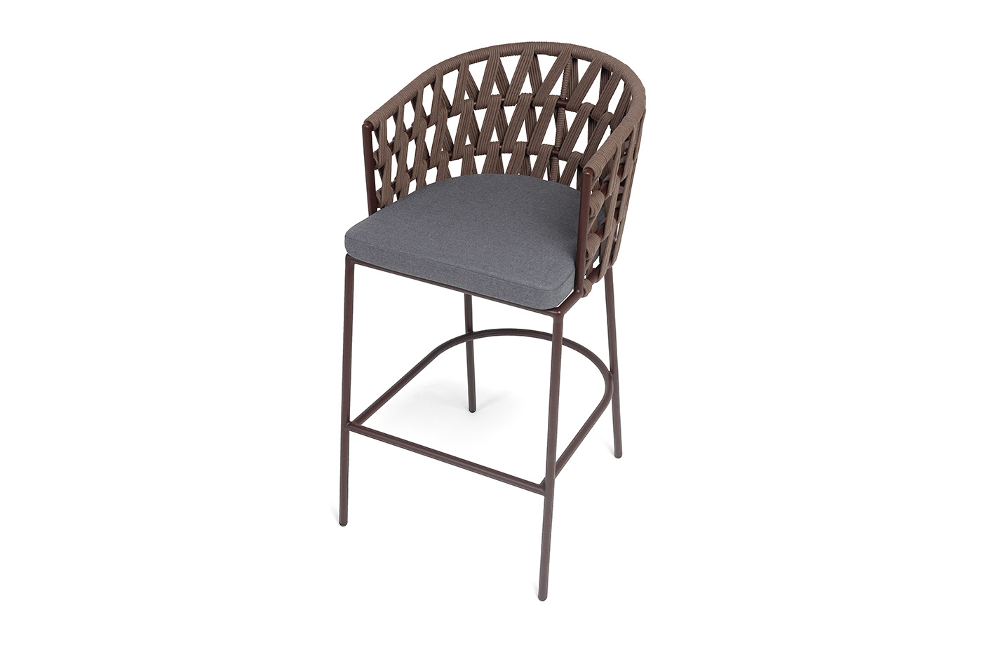 Диего стул барный плетеный из роупа, каркас из стали коричневый (RAL8016) муар, роуп коричневый круглый, ткань темно-серая 027 фото 4