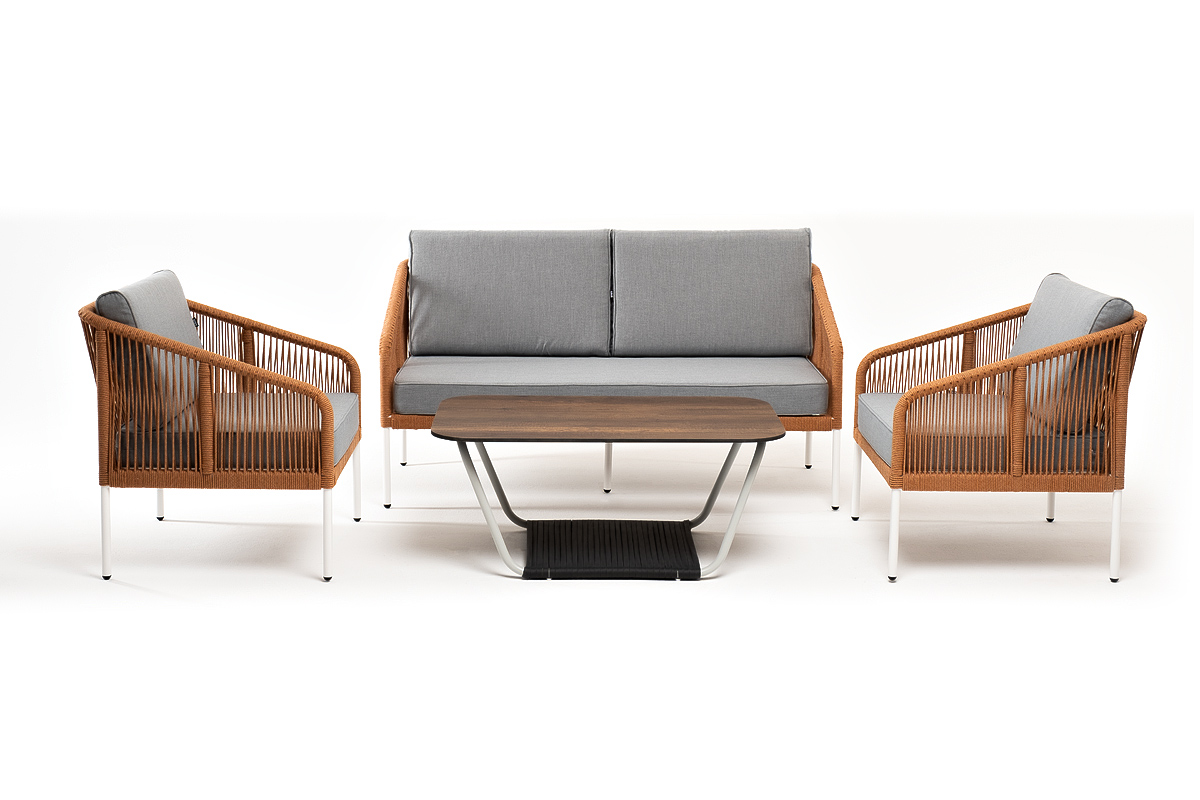 Канны лаунж-зона 4-местная из роупа со столом Глория цвет дуб, каркас алюминиевый белый, роуп оранжевый меланж фото 5