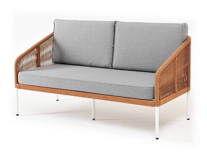 Диван Канны 4SIS 2-местный плетеный из роупа, каркас алюминий светло-серый (RAL7035) муар, роуп оранжевый меланж круглый, ткань светло-серая фото 1