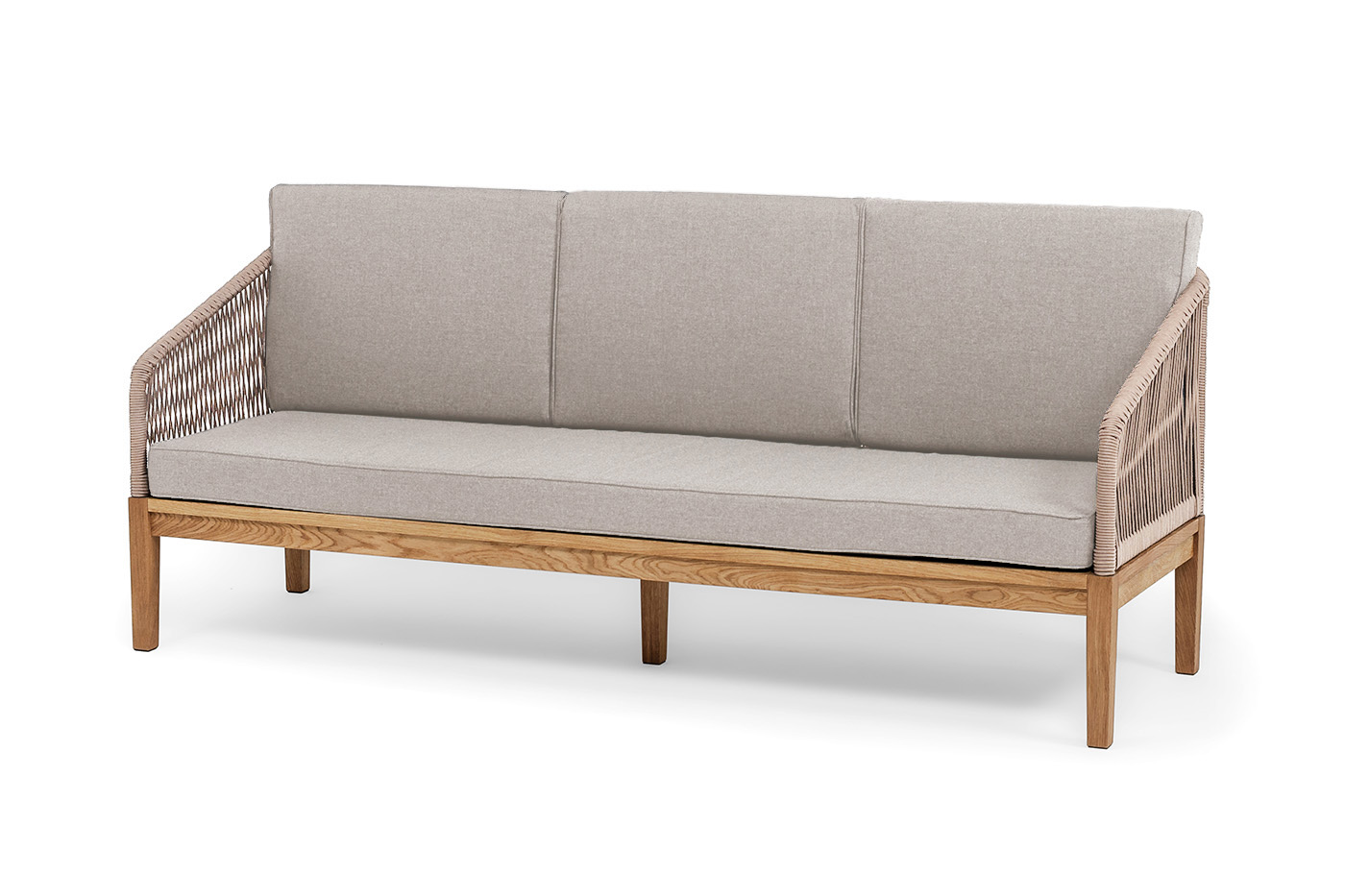 Канны диван 3-местный плетеный из роупа, основание дуб, роуп бежевый круглый, ткань бежевая 15052 фото 1