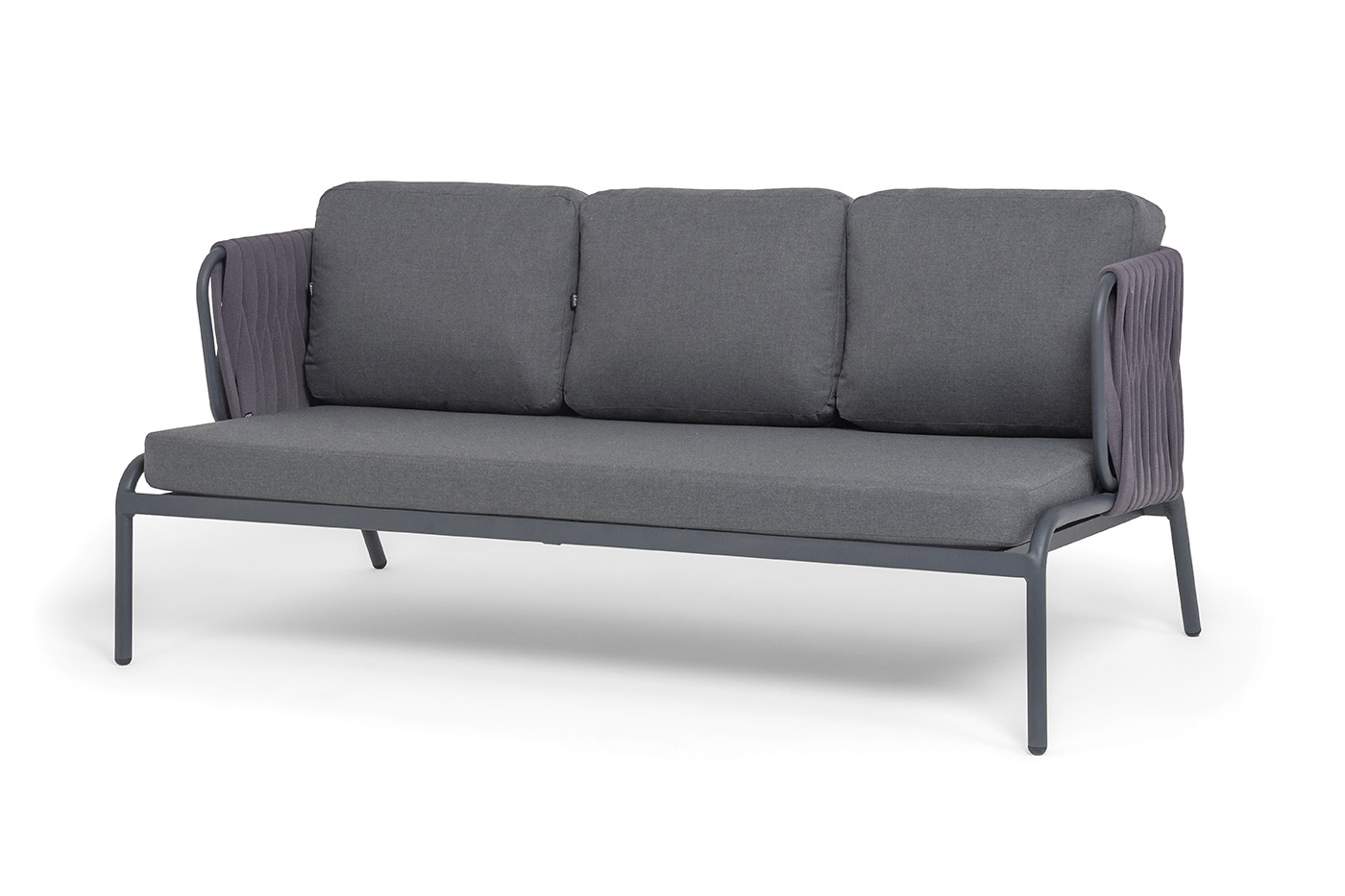 Ронда диван 3-местный плетеный из роупа, каркас алюминий темно-серый (RAL7024) муар, роуп серый 40 мм tex, ткань темно-серая 027 фото 1