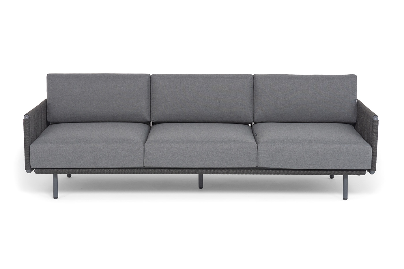 Джелло диван 3-местный плетеный из роупа, каркас алюминий темно-серый (RAL7024) муар, роуп темно-серый круглый, ткань темно-серая 027 фото 3