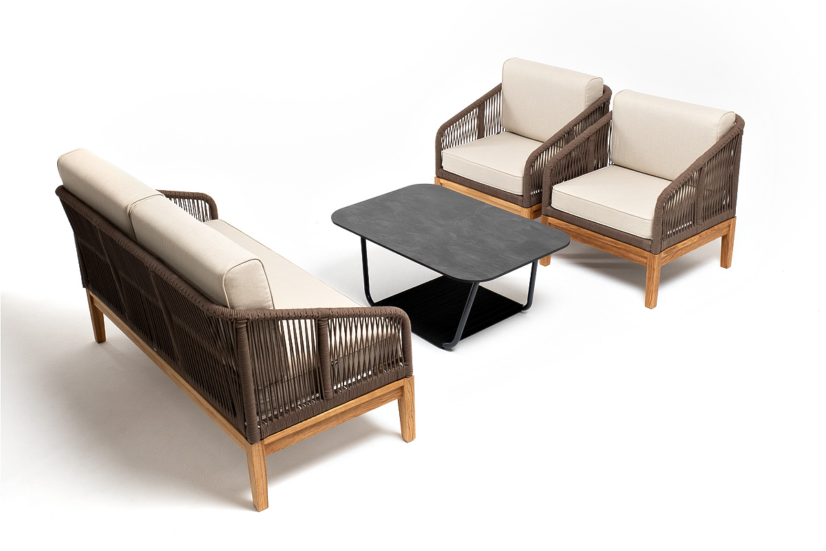 Канны лаунж-зона 4-местная из роупа со столом Гранада (серый гранит), основание дуб, роуп коричневый, ткань бежевая фото 2