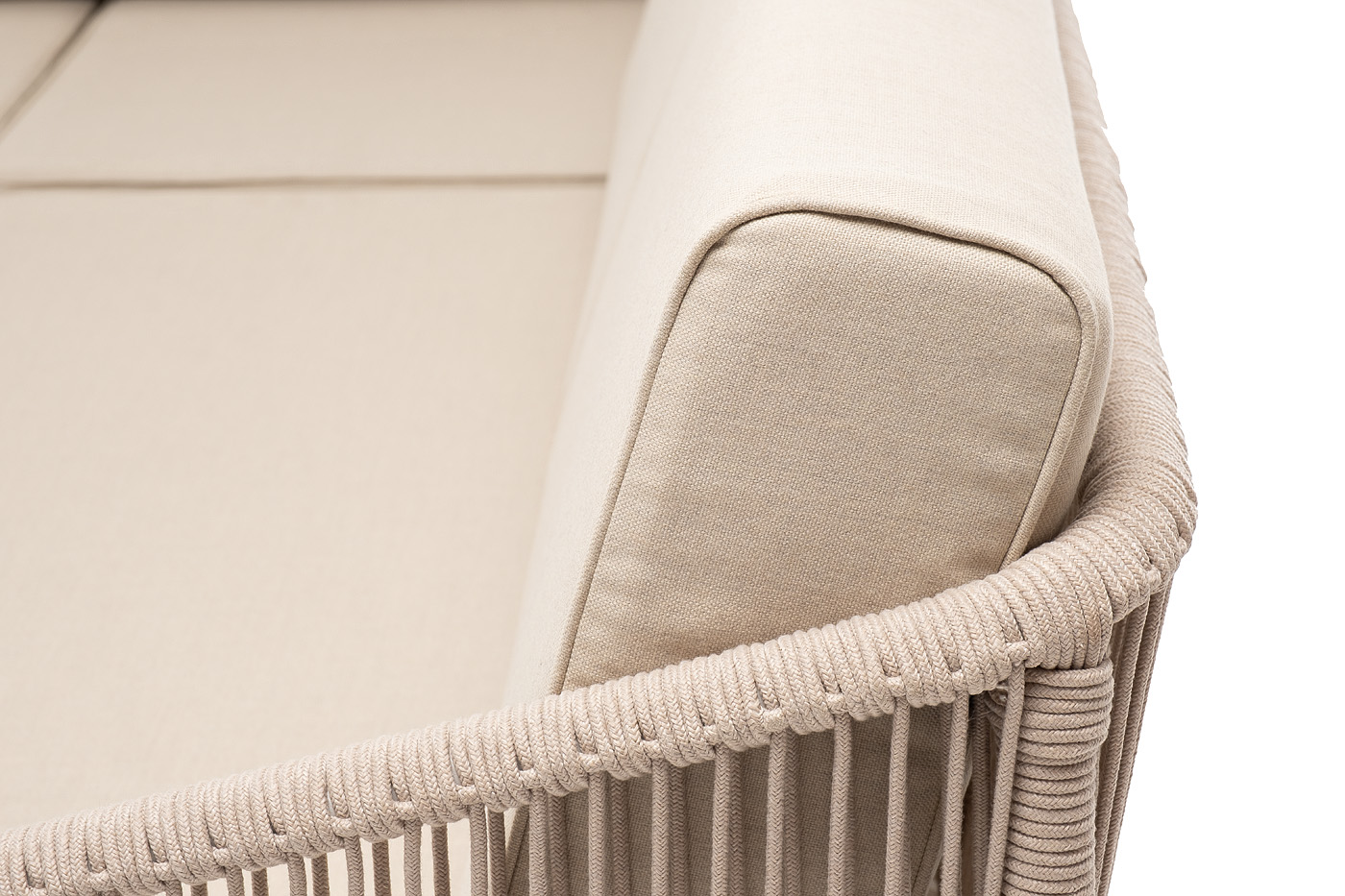 Канны диван модульный плетеный из роупа, каркас алюминий белый, роуп бежевый круглый, ткань бежевая 035 фото 4