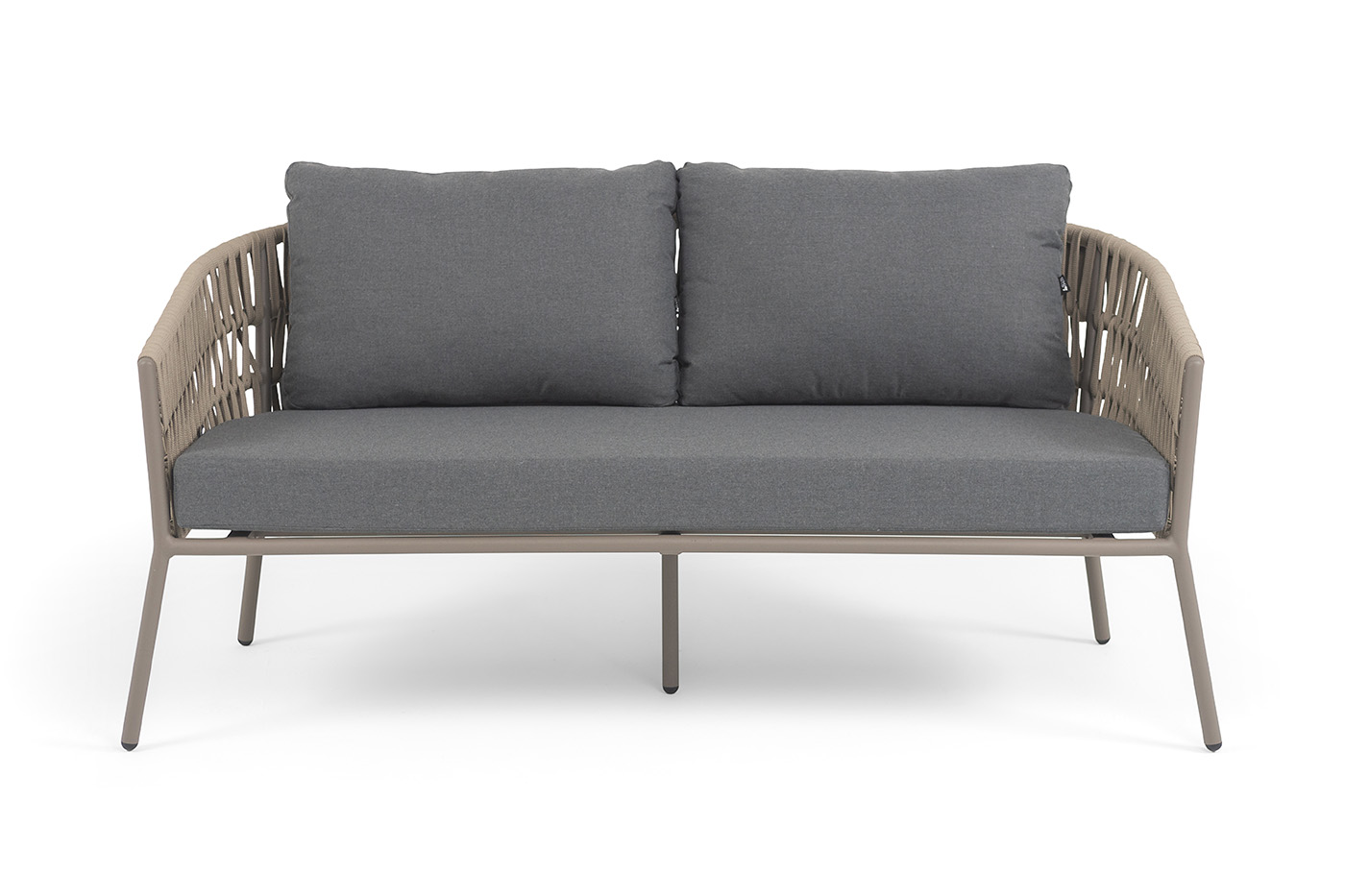 Комо диван 2-местный плетеный из роупа, каркас алюминий бежево-серый (RAL7006) муар, роуп серо-коричневый 23мм, ткань темно-серая 027 фото 3
