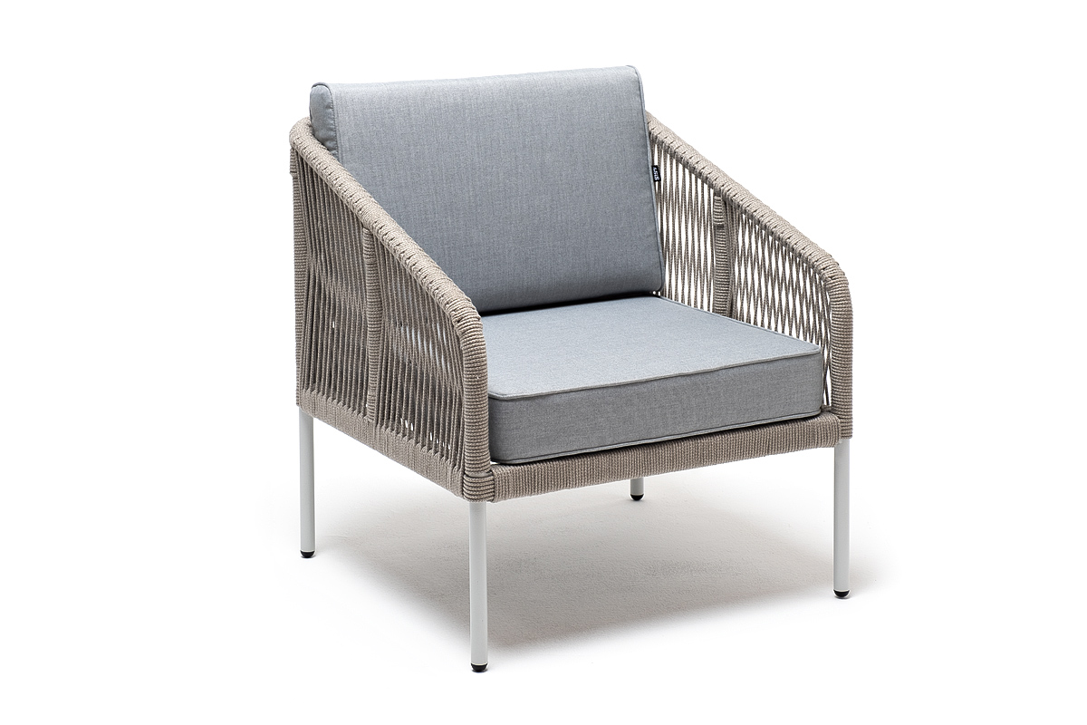Канны кресло плетеное из роупа, каркас алюминий светло-серый (RAL7035) муар, роуп серый меланж круглый, ткань светло-серая фото 3