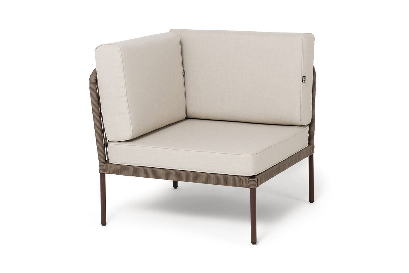 Канны угловой модуль плетеный из роупа, каркас алюминий коричневый (RAL8016) муар, роуп коричневый круглый, ткань бежевая 15052 фото 1