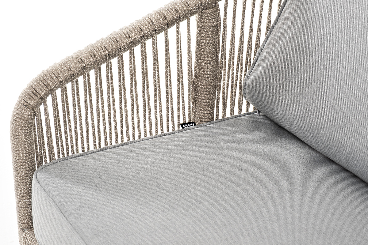 Канны диван 2-местный плетеный из роупа, каркас алюминий светло-серый (RAL7035) шагрень, роуп серый меланж круглый, ткань светло-серая фото 5