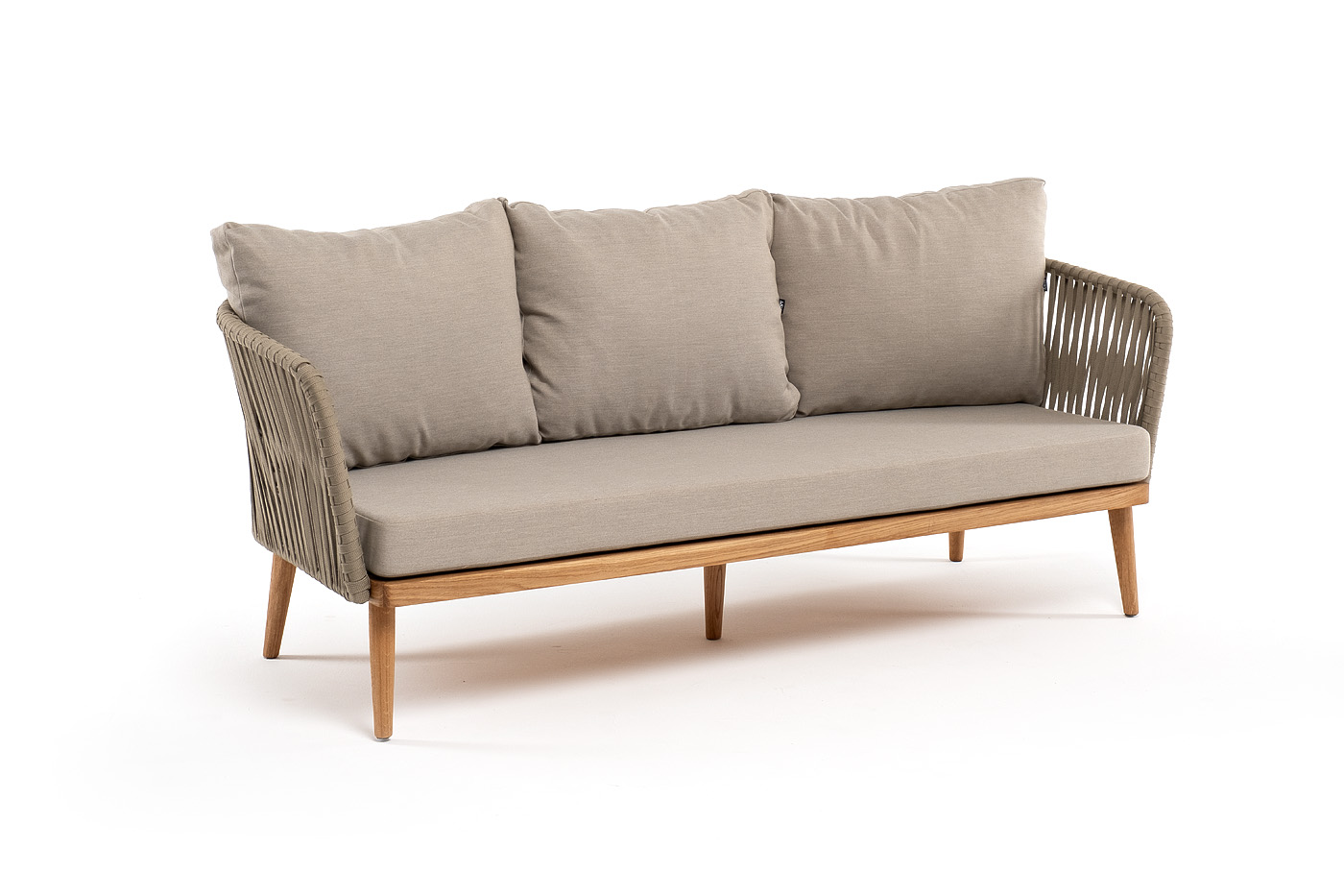 Мальорка диван 3-местный плетеный из роупа, основание дуб, роуп серо-коричневый 23мм, ткань бежевая 15052 фото 3