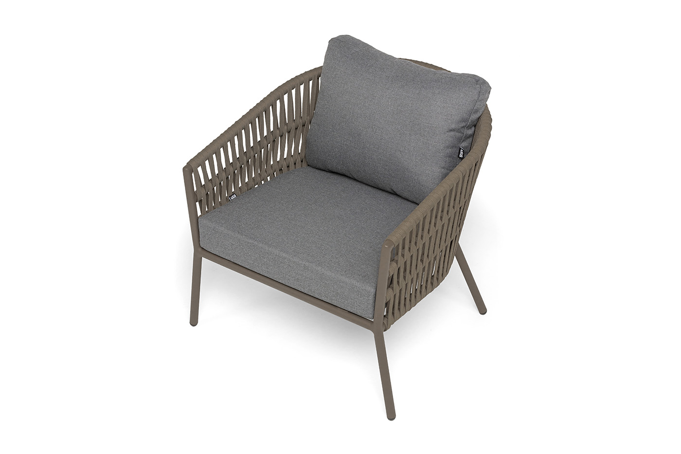 Комо кресло плетеное из роупа, каркас алюминий бежево-серый (RAL7006) муар, роуп серо-коричневый 23мм, ткань темно-серая 027 фото 4