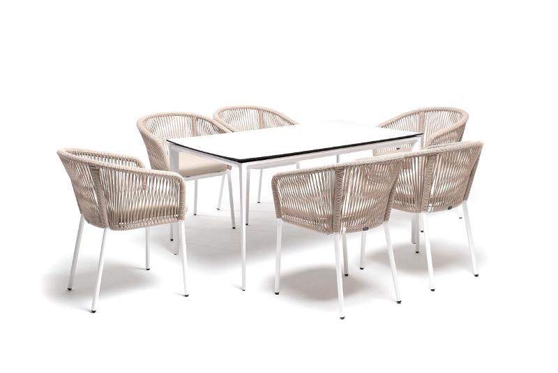 Обеденная группа Малага 4SIS на 6 персон со стульями "Марсель", каркас белый, роуп бежевый фото 1