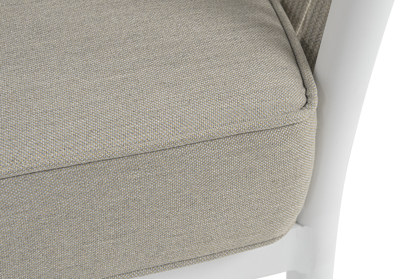 Касабланка диван 3-местный плетеный из роупа, каркас алюминий белый муар, роуп бежевый 20мм, ткань бежевая 052 фото 6