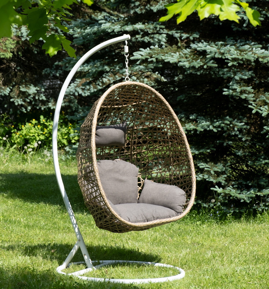 Флоренция подвесное кресло-кокон из искусственного ротанга, цвет соломенный с серой подушкой фото 1