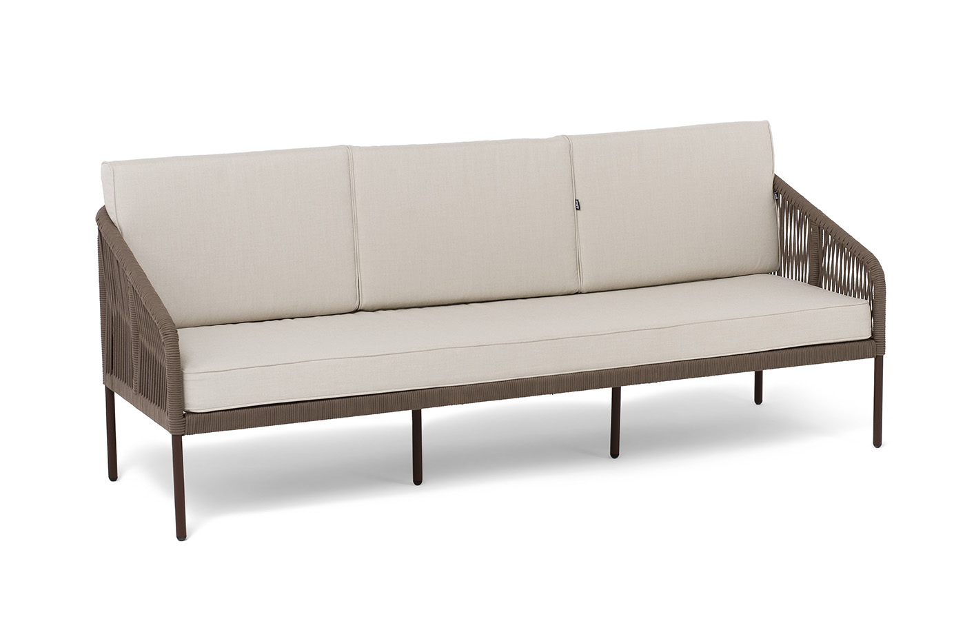 Канны диван 3-местный плетеный из роупа, каркас алюминий коричневый (RAL8016) муар, роуп коричневый круглый, ткань бежевая 15052 фото 3