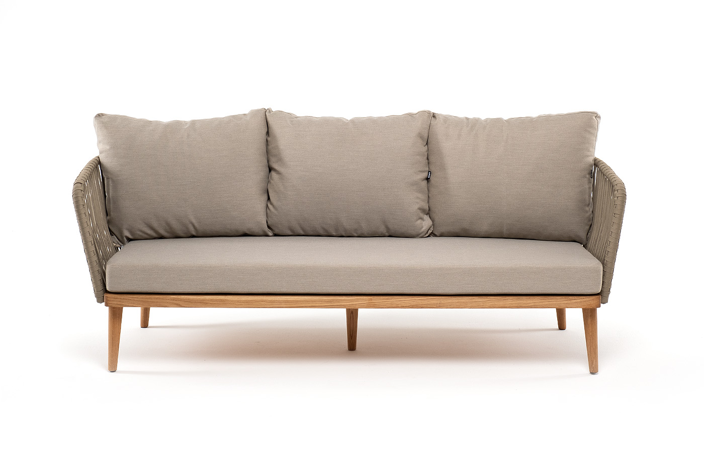 Мальорка диван 3-местный плетеный из роупа, основание дуб, роуп серо-коричневый 23мм, ткань бежевая 15052 фото 2