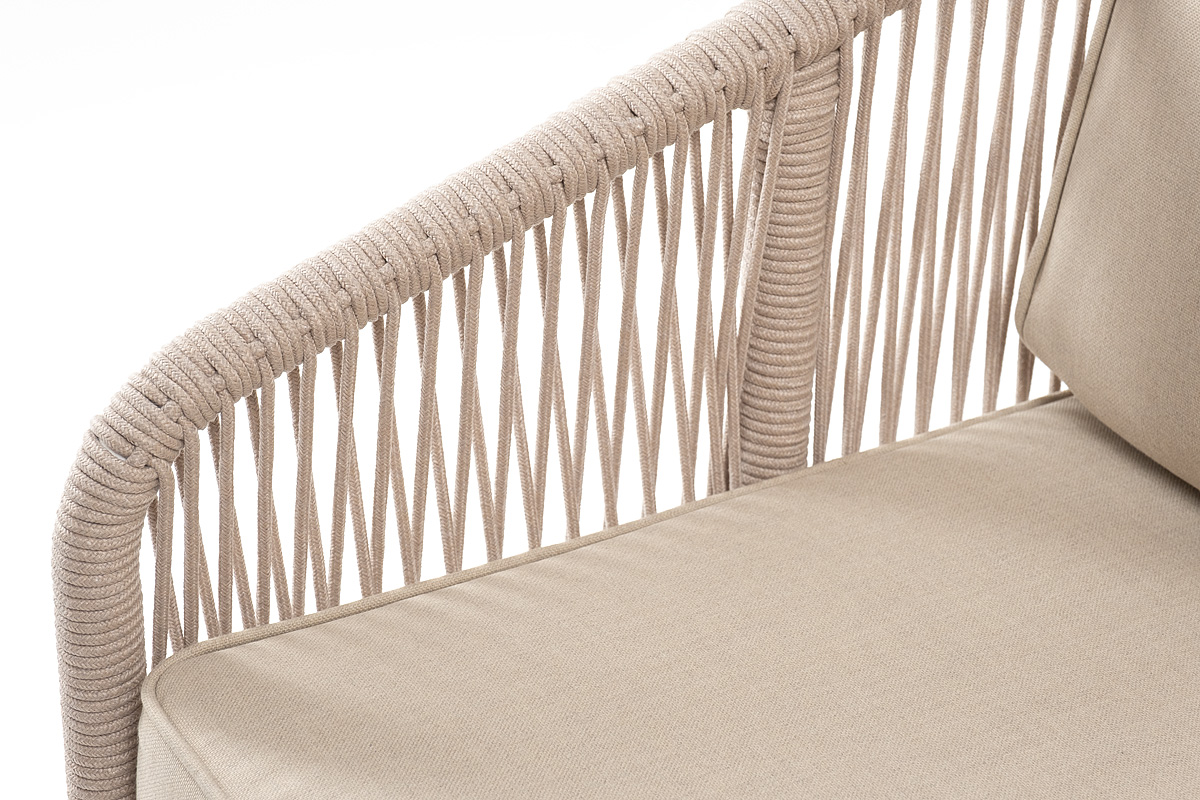 Канны диван 2-местный плетеный из роупа, каркас алюминий белый муар, роуп бежевый круглый, ткань бежевая 15052 фото 5