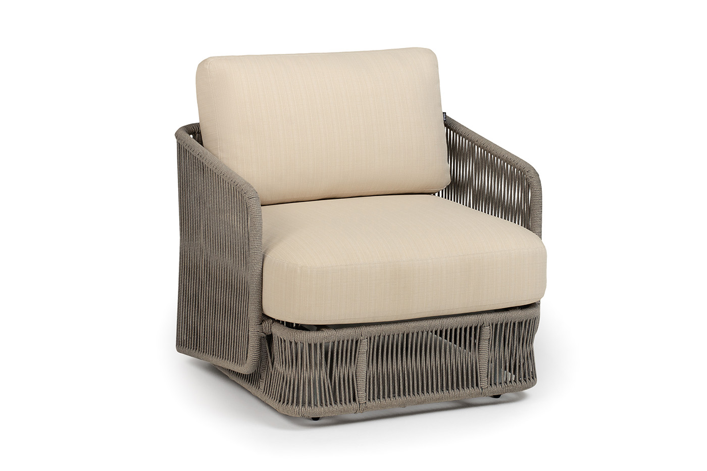 Альбано кресло плетеное из роупа, каркас алюминий светло-серый (RAL7035) муар, роуп серый меланж круглый, ткань Mossle светло-бежевая фото 3