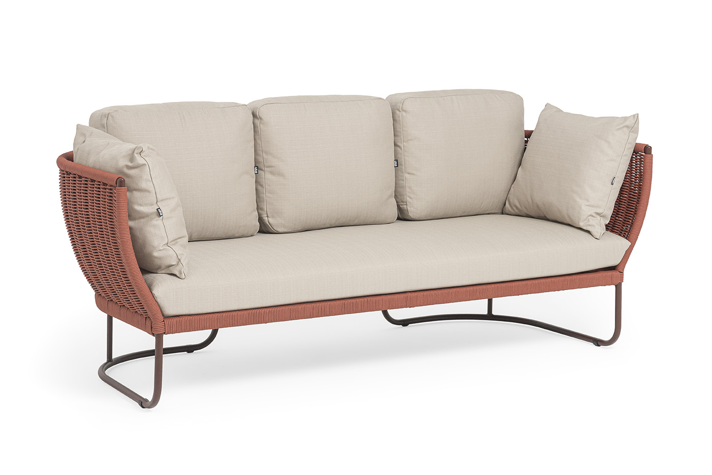 Фиджи диван 3-местный плетеный из роупа, каркас алюминий коричневый (RAL8016) муар, роуп красный (8372) круглый tex, ткань Mossle бежевая фото 2